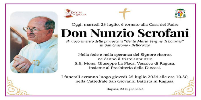 All’età di 82 anni si è spento padre Nunzio Scrofani, sacerdote buono