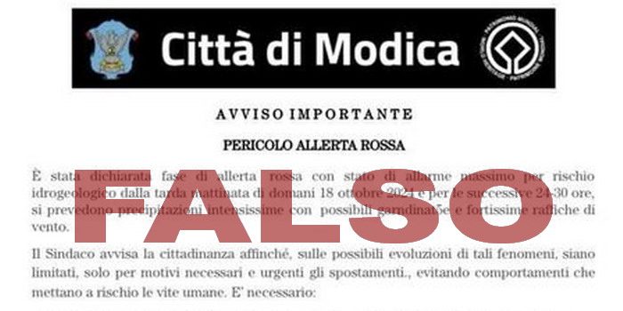 Falso allarme di allerta meteo rossa a Modica. Circola in rete un documento contraffatto a firma del sindaco Monisteri