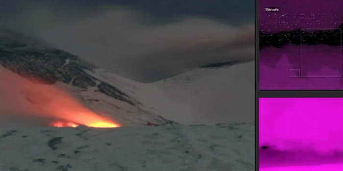 Colata lavica dell'Etna tra la Bocca Nuova e il Cratere di Sud Est osservata dall'Ingv