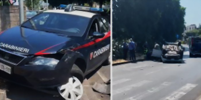 Gazzella dei carabinieri travolta da un’auto che si ribalta dopo il violento impatto: feriti il conducente e un militare