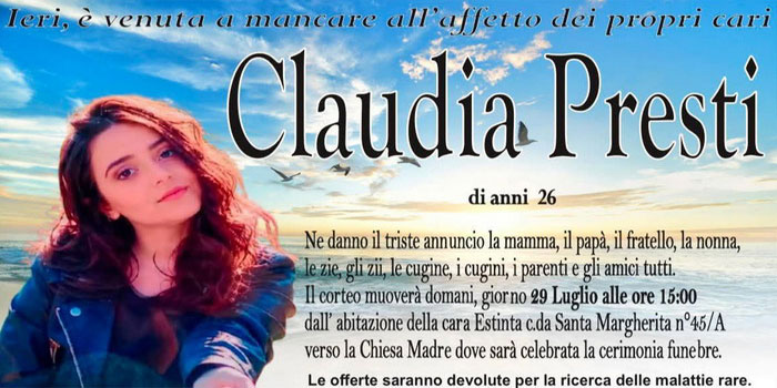 Nella chiesa madre di Chiaramonte Gulfi i funerali di Claudia Presti, strappata alla vita a soli 26 anni da una malattia rara